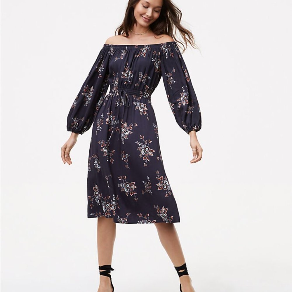 LOFT Navy Marigold Off the Shoulder Dress \ floral